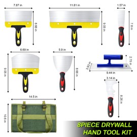 JXZSJ-Drywall Knife Set, 7 Pieces Stainless Steel Drywall Hand Tool Kit Includes Taping Knife, Putty Knives, Finishing Trowel, Paint Scraper, Yellow handbag