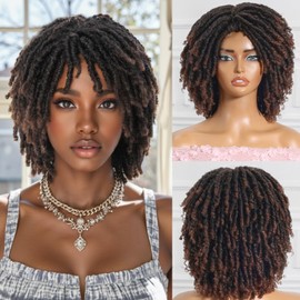 Dreadlock Wig For Black Women And Men Short Afro Twist Faux Locs Braided Wigs Glueless Synthetic Afro Curly Wigs (Ombre Brown, 12 Inch)