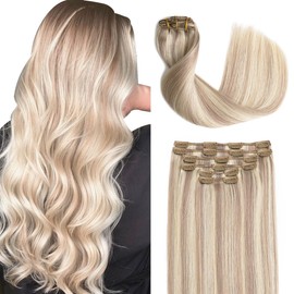 Sindra Hair Extensions Real Human Hair Clip ins 14Inch Highlighted Bleach Blonde Ash Blonde Clip in Hair Extensions Real Human Hair Extensions Clip ins Remy For Woman 100G 6Pcs(clip#18P613 14inch)