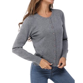 Newshows Women's Solid Button Down Long Sleeve Classic Crew Neck Knit Cardigan Sweater(Grey,Medium)