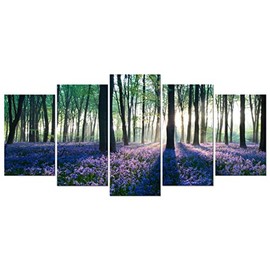 Pyradecor Early Morning Lavender Canvas Prints Wall Art Purple Floral Pictures Paintings for Bedroom Kitchen Bathroom Home Decor Modern 5 panels Stretched and Framed Flowers Landscape Giclee Artwork