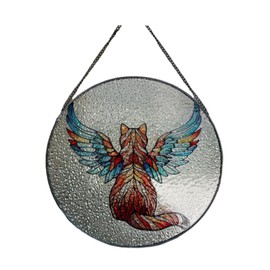 LOGUTIA Round Cat Glass Window Hanging Cat Suncatcher Multi-Colored Cat Glass Panel with Chain Angel Cat Catch Sunlight for Window Colorful Cat Stained Glass Panel for Cat Lovers Theme Gift(10")