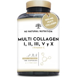 Multi Collagen 1650mg Type I, II, III, V, X. Bovine, Marine Collagen Peptides 180 Capsules Enhanced with Vitamin C, for Joint Care, Skincare & Hair High Strength Collagen N2 Natural Nutrition