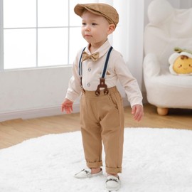 Amisssz Baby Boys Gentleman Suit, 0-18 Months, 4-Piece Children's Wedding, Festive Christening Romper with Bowtie Shirts + Braces Overalls, beige