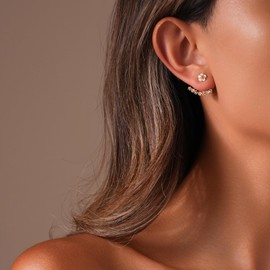 IPEPPY 925 Sterling Silver Cute Flower Ear Jacket Earrings for Women 14K Gold Plated Boho Bohemian CZ Floral Stud Earring Camellia Resin Front Back Crawler Earring Jewelry Christmas Gifts for Mom