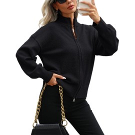 VIMPUNEC Zip Up Fall Casual Cardigan Sweaters for Women Mock Neck Coats Long Sleeve Knit Jackets Black S