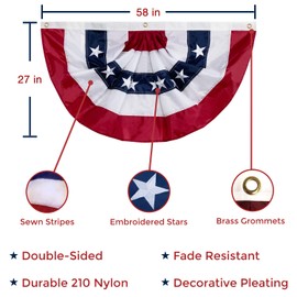 58"x27" USA Patriotic Nylon Bunting Pleated Flag, 2 Sided, Embroidered Stars, Sewn Stripes, Grommets- July 4th American Flag Decor Outdoor Use- Inside Outside Porch Rail or Window Decoration (2 Pack)