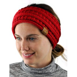C.C Cable Knit Fuzzy Lined Ear Warmer Ponytail Pony Headband, Red
