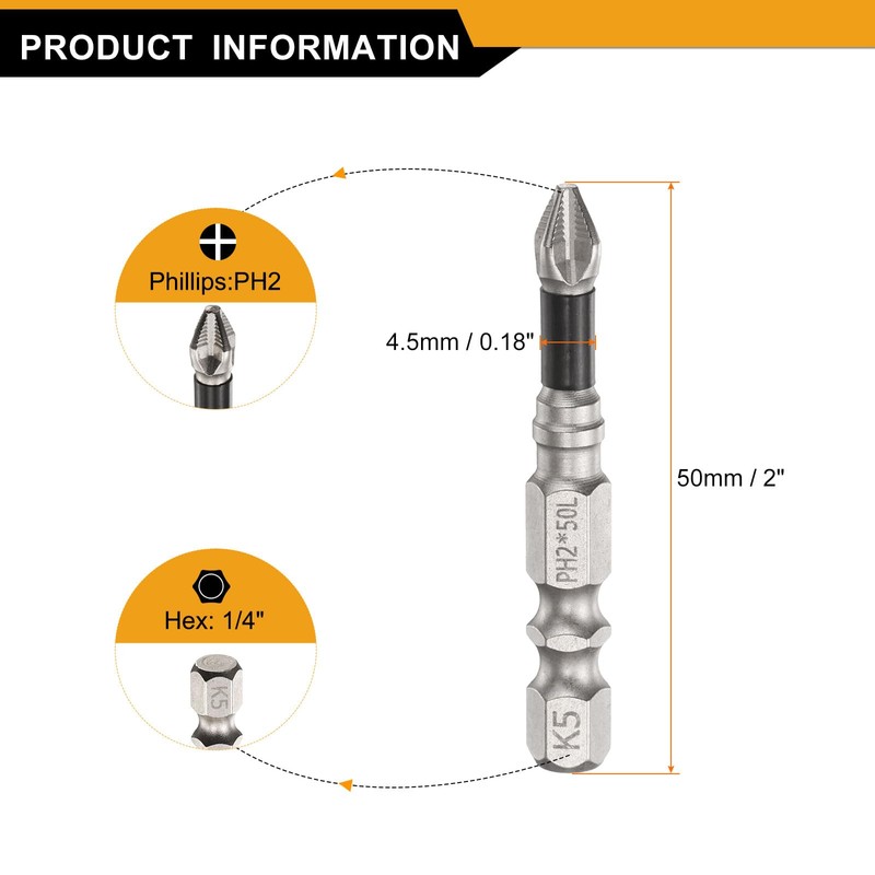 sourcing map Impact Phillips Screwdriver Bit PH2 (#2) Anti Slip