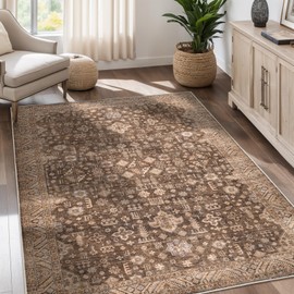 Dotiiorug Vintage Washable Area Rug for Living Room,Low Pile 8x10 Non Slip Carpet Non-Shedding Area Rug Soft Indoor Stain Resistant Rug Floral Print Mat for Bedroom Dining Room Brown