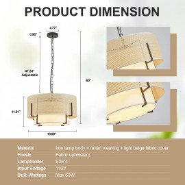 19.7'' Farmhouse Boho Chandelier,4-Light Hand Woven Rattan Pendant Light with Fabric Shade Rustic Drum Chandelier for DiningRoomLamp Power(W): 100, Product Size: 50x50x30cm