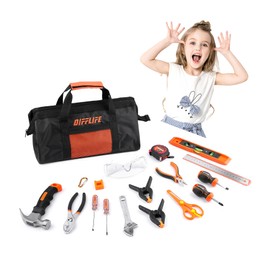 Difflife 18-Piece Hand Tool Set Kids Real, Tool Kit with Storage Bag for Boys, Girls, Children DIY Building and Woodworking, Age 8+ Tool Set-18 Piece