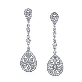 Deco Style Bridal Teardrop Cubic Zirconia Filigree Statement Prom Chandelier Earrings Women Silver Plated Brass
