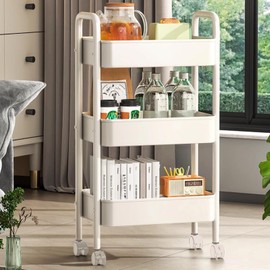 Tamireyang 3 Tier Rolling Cart,Metal Utility Cart with Wheels,Detachable Rolling Storage Cart, Multifunctional Storage Organizer Trolley for Kitchen, Living Room, Office, Garage (White, 3 Tier)