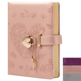 TIEFOSSI Heart Lock Journal Notebook with Key, Glitter Purple PU Leather Diary, B6 Journal for Writing, 144 Sheets Lined Paper, Gift for Girls, Women (Flower Pink)