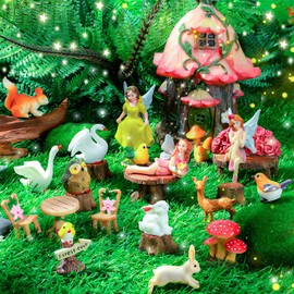Soaoo 25 Pcs Fairy House Garden Figurines Kit Spring Garden Decor Easter Basket Decoration Spring Decoration Outdoor Wildflower Butterfly Fairy Mushroom Party Supplies Micro Landscape Ornaments