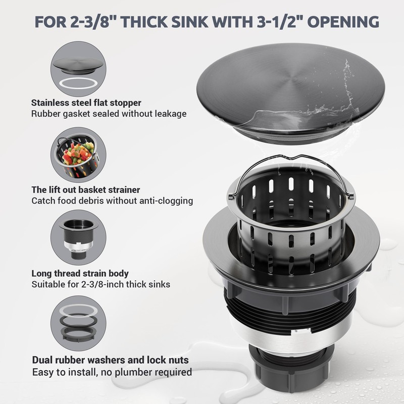 BOTEMY Stainless Steel Black Sink Drain Strainer 3-1/2'' Kitchen Sink