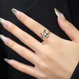 OIDIMS Cute Panda Wrap Open Ring for Women Animal Bear Bamboo Green Crystal Adjustable Stacking Finger Rings Sterling Silver Plated Fashion Jewelry for Daughter Friendship Graduation