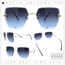 Womens Rimless Oversized Rectangle Designer Fashion Metal Rim Sunglasses Gold Blue - Blue Smoke