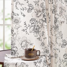 Topick Linen Floral Curtains for Living Room 84 Inch Curtains Black Printed Rod Pocket Cottage Core Back Tab Farmhouse Peony Patterned Drapes Bedroom Window Treatment 2 Panel Set