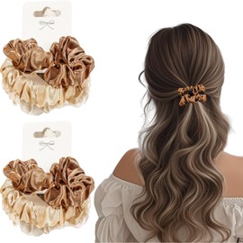 Flomiara 6PCS Scrunchies for Women, Silk Satin Hair Scrunchies Softer Solid Color Elastic Skinny Bands, Small Ponytail Holder with Elastic Hair Bands for Thick Thin Curly Hair, Brown, Gold, White
