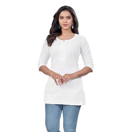 Ladyline Women's Rayon Chikankari Embroidered Short Tunic Kurti | Schiffli Embroidery Hip-Length Kurta Top with 3/4 Sleeves Chikan Work Blouse -RHEM (40/White)