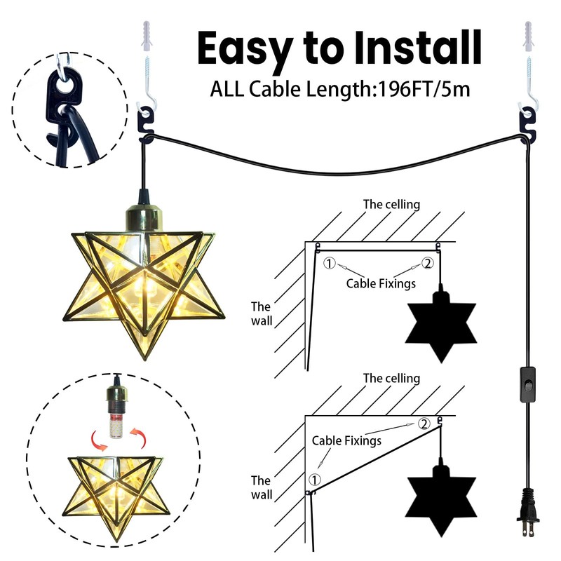 JLOWCO Gold Moravian Star Hanging Light with 16.5ft Plug-in Cord,Farmhouse