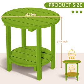 LOENIY 2 Tier Round Outdoor Side Table with Wood-Like Grain, 17.7" HDPE Adirondack Table Patio Side Table, Weather Resistant End Table for Pool, Patio & Porch, Small Outdoor Table (Lime, Round)