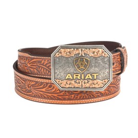 ARIAT Men's Raised Logo Floral Embossed Tapered Leather Belt, Tan, 32