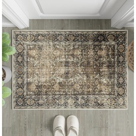 PureCozy Brown Area Rug 2x3 Vintage Entryway Rug Non Slip Indoor Kitchen Washable Door Mat Living Room Carpet Tribal Distressed Rug Retro Accent Throw Rug for Office Dining Room Bathroom Faux Wool