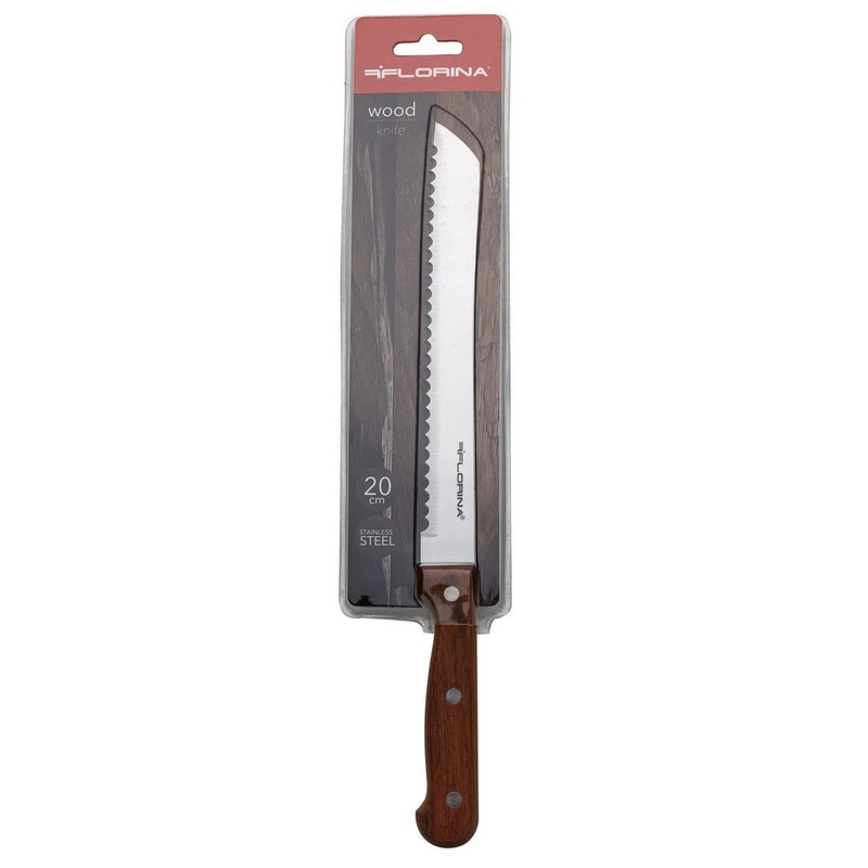 Brotmesser, Edelstahlklinge, Klingenlänge 20cm, Klingenblatt mit scharfem Wellenschliff, bequemer Holzgriff,