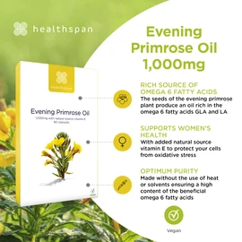healthspan Healthspan Evening Primrose Oil | Support Women's Health | Helps Maintain Hormonal Balance | Rich Source of Omega 6 Fatty Acids | Added Vitamin E | Vegan (90 Capsules, 1,000mg)