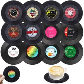 ZYNERY Vinyl Record Coasters, Retro Vinyl Record Glass Coasters, Coasters Glasses, Drink Coasters, Nostalgic Fashion Retro Coasters, Non-Slip Anti-Scald-Proof Coasters, Pack of 12