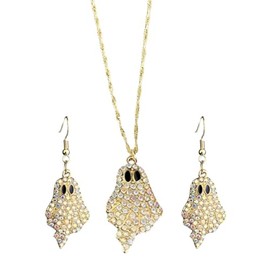 QRH - Juego de collar de arete de fantasma de calabaza con diamantes de imitación brillantes de Halloween con abalorio de diamante delicado Jack-o-lantern fantasma, juego de collar brillante para
