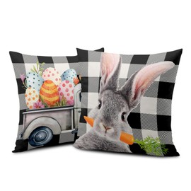 Wnoesat Easter Bunny Truck Eggs Pillow Covers 18x18 Set of 2 Easter Buffalo Plaid Check Throw Pillow Covers Easter Rabbit Outdoor Pillow Cases Spring Farmhouse Cushion Cover for Home Couch Sofa