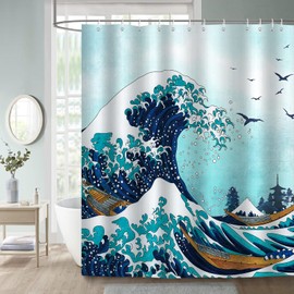Bonhause Great Wave Shower Curtain Japanese Kanagawa Ocean Waves Blue Decorative Bath Curtain 72 x 72 Inch Polyester Fabric Waterproof Bathroom Curtain with 12 Hooks