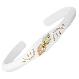 White Floral Brocade Cuff Bracelet, 10k Yellow Gold, 12k Green and Rose Gold Black Hills Gold Trim
