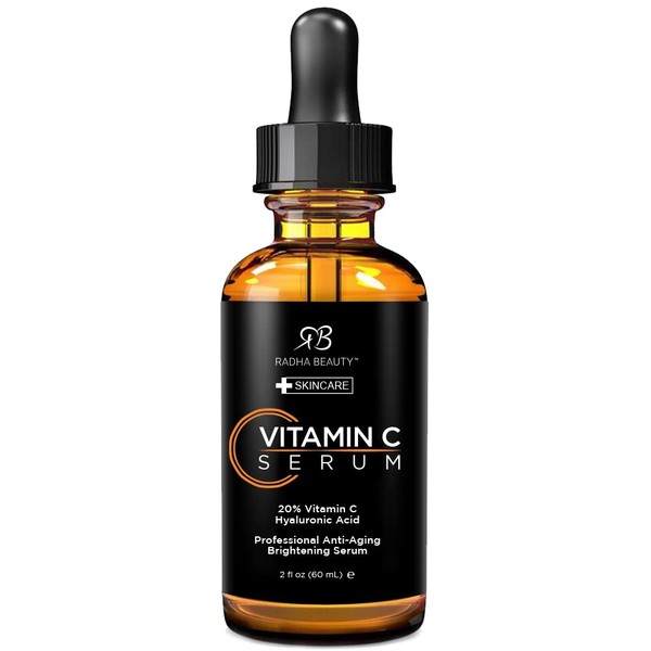 Radha Beauty Natural Vitamin C Serum for Face, HUGE 2oz - 20% Organic Vitamin C + Vitamin E + Hyaluronic Acid, Facial Serum for Anti-Aging, Wrinkles, and Fine Lines