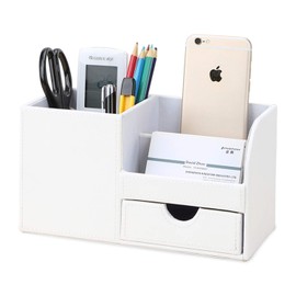 KINGFOM Desk Organiser Tidy Caddy Leather Pen Pencil Pots Holder Stationery Storage Office Desktop Supplies Organisers with Drawer White