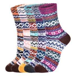 Nimalpal Women's Wool Socks - 5 Pairs, Cruciate Flower, Crew, Warm, Cozy, Hiking, Soft, Breathable, Nordic Design, Size 6-10
