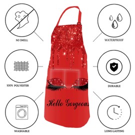 SSCSTS Hello Gorgeous Unicorn Eyelash Apron with 2 Pockets, 26.5x33.1in, Adjustable Size Bib Red Aprons for Men Women Kitchen Cooking Baking Gardening WQLSSS22