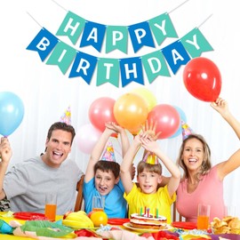 Blue Green Happy Birthday Banner, DIY Teal Ocean Theme Birthday Party Supplies, Reusable Blue Multi Color Celebration Garland Banners Decorations for Kids, Boys, Girls, Adults