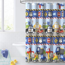 Dream Factory Kids Fabric Shower Curtain for Bathroom, 72W x 72L, Blue Red Trains and Trucks
