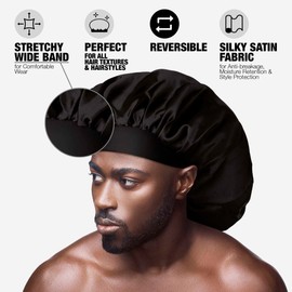 Red by Kiss Men's Silky Satin Hair Bonnet, Soft Anti-Frizz Fabric, All Hair Types, No Slip Wide Band Comfort, Anti Breakage Protection, Daily Wear