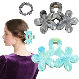 Flomiara 5PCS Flower Hair Clips for Women, Hawaiian Hair Claws Summer Travel Hair Accessories, Lateral Strong Hold, Printing Claw Clip Hairpin for Girls Women Thick Thin Hair, Gray Black, Blue Green