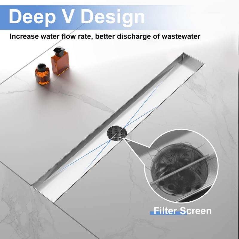 12-Inch Linear Shower Drain with Tile Insert Grate, SUS 304