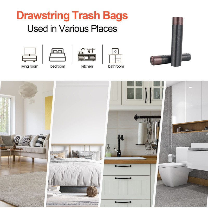 Bin Bags with Drawstring, 5 Rolls, 15 L, Extra Strong