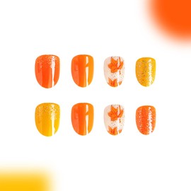 Orange Maple Leaves Press on Nails Short Fall Thanksgiving False Nails with Glitter Powder Design Oval Stick on Nails Full Cover Glossy Acrylic Nails Autumn Glue on Nails for Women Festival Nails