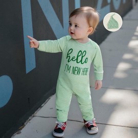 ZAXARRA Newborn Baby Boy Fall Winter Outfit New Here Letter knit Footies Romper 0 3 6 Months Jumpsuit Cute Hat Infant Set (Green-hi, 0-3 Months)