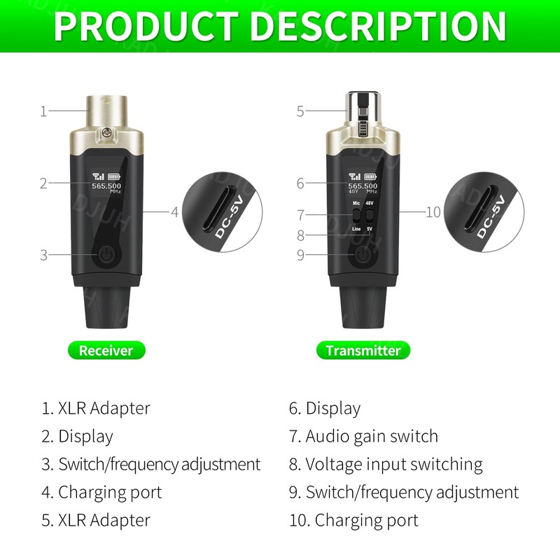 Kadjuh Wireless XLR Transmitter and Receiver& Wireless Guitar Transmitter Receiver,Rechargeable
